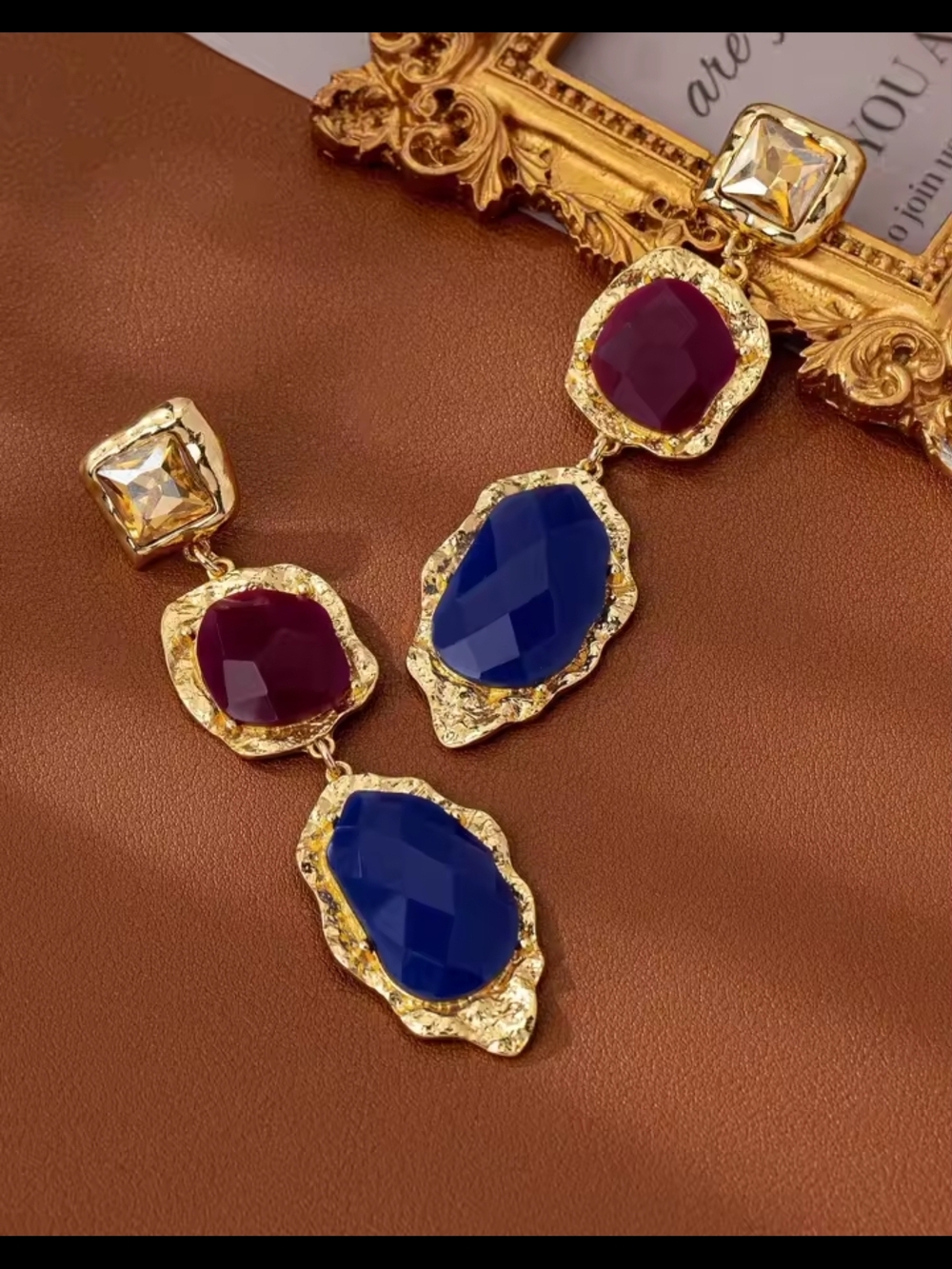 Gold-Tone Earrings with Purple & Blue Stones - Picture 6 of 6